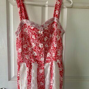 Homemade Vintage Style Red Summer Dress w/ Lace Skirt & Fabric-Covered Buttons